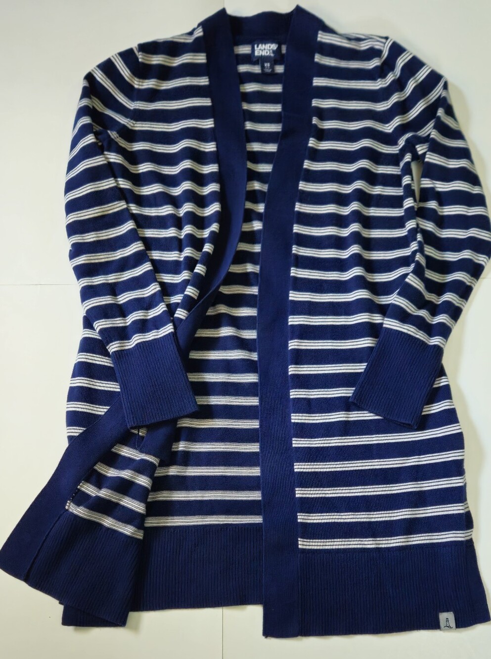 Lands' End Fine Gauge Cotton Open Front Cardigan In Navy And White Stripes